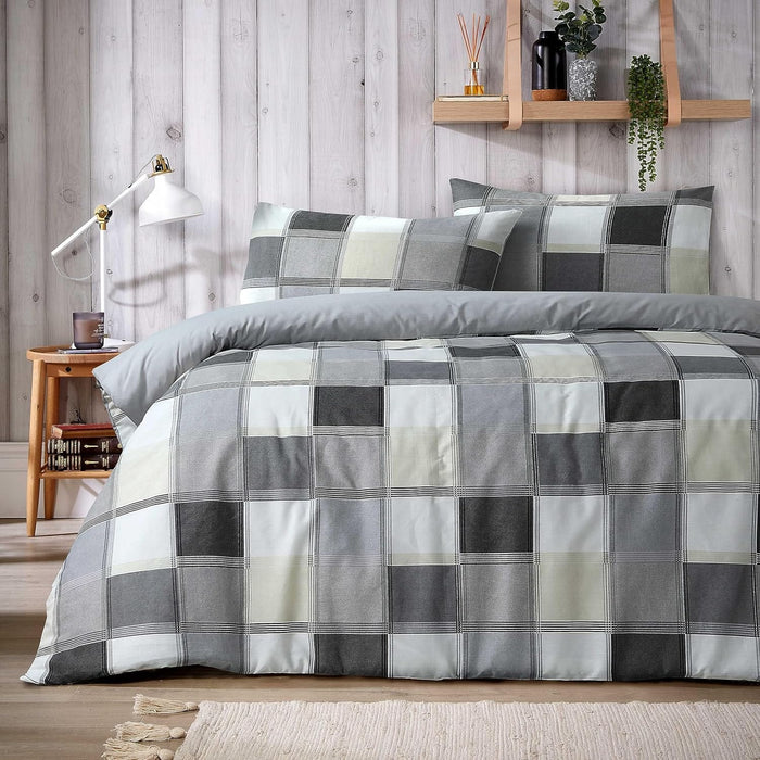 Olivia Rocco Glencoe Check Reversible Duvet Cover Set, Polycotton, Grey