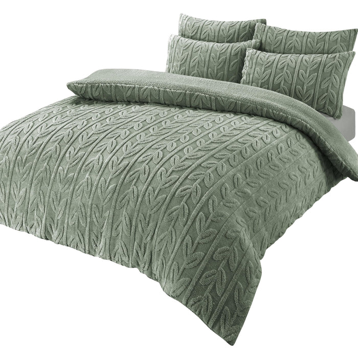 Olivia Rocco Leaf Print Teddy Fleece Duvet Cover Set, Sherpa Reverse, Sage Green
