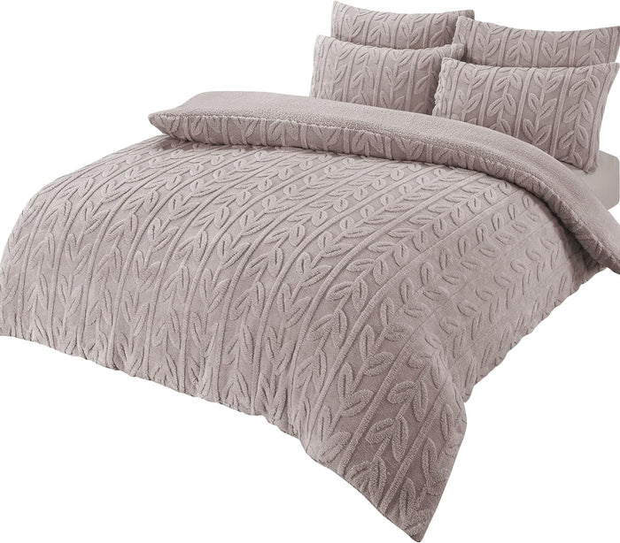 Olivia Rocco Leaf Print Teddy Fleece Duvet Cover Set, Sherpa Reverse, Natural