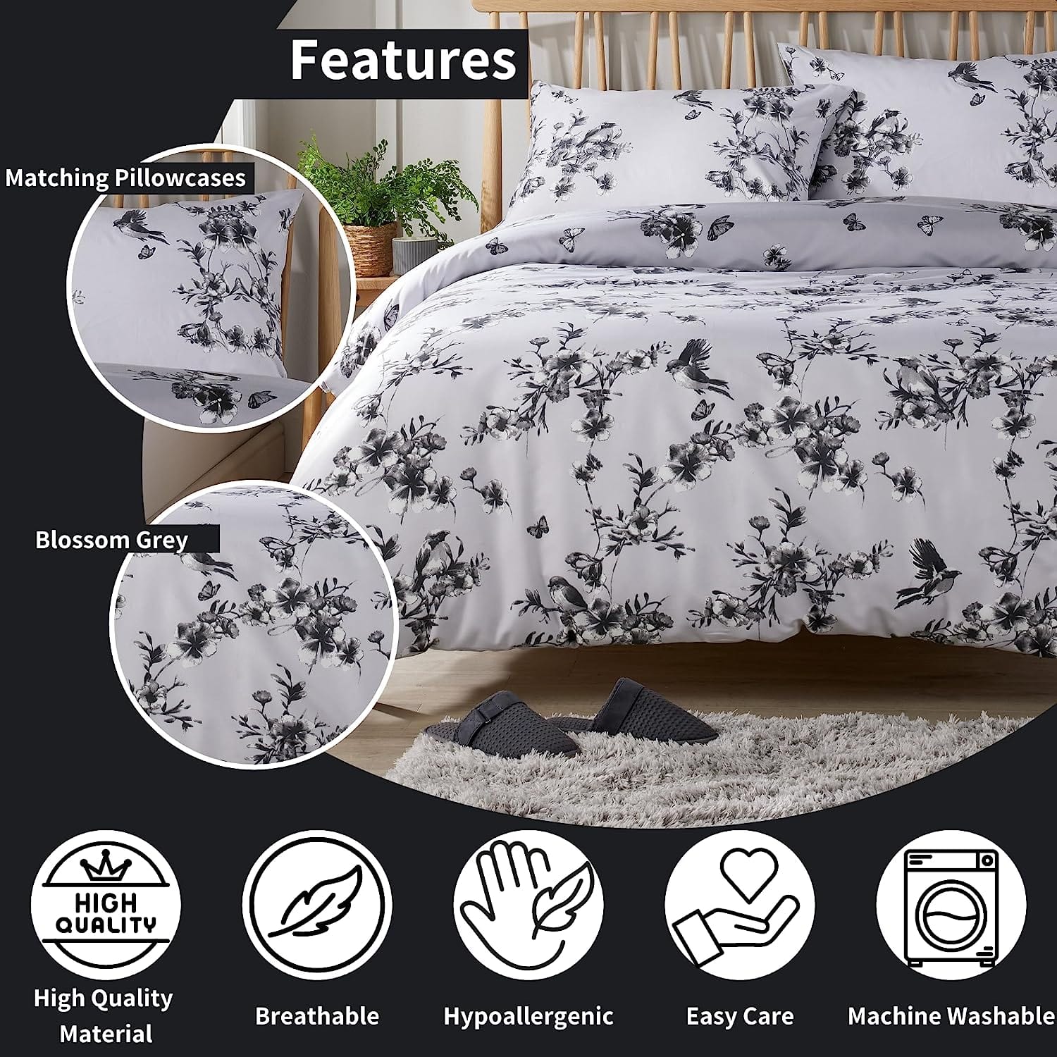 Olivia Rocco Blossom Grey Reversible Quilted Duvet Cover Set