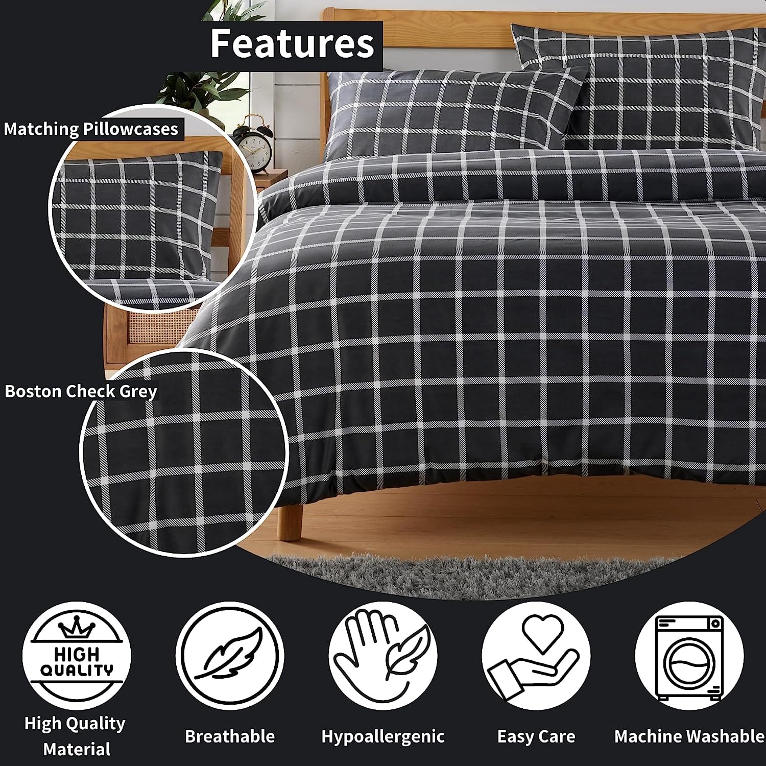 Olivia Rocco Boston Check Grey Reversible Duvet Cover Set, Microfibre