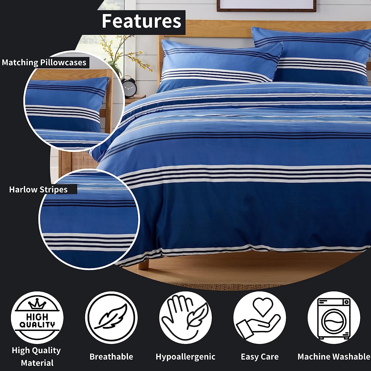 Olivia Rocco Harlow Stripes Microfibre Duvet Cover Set, Blue