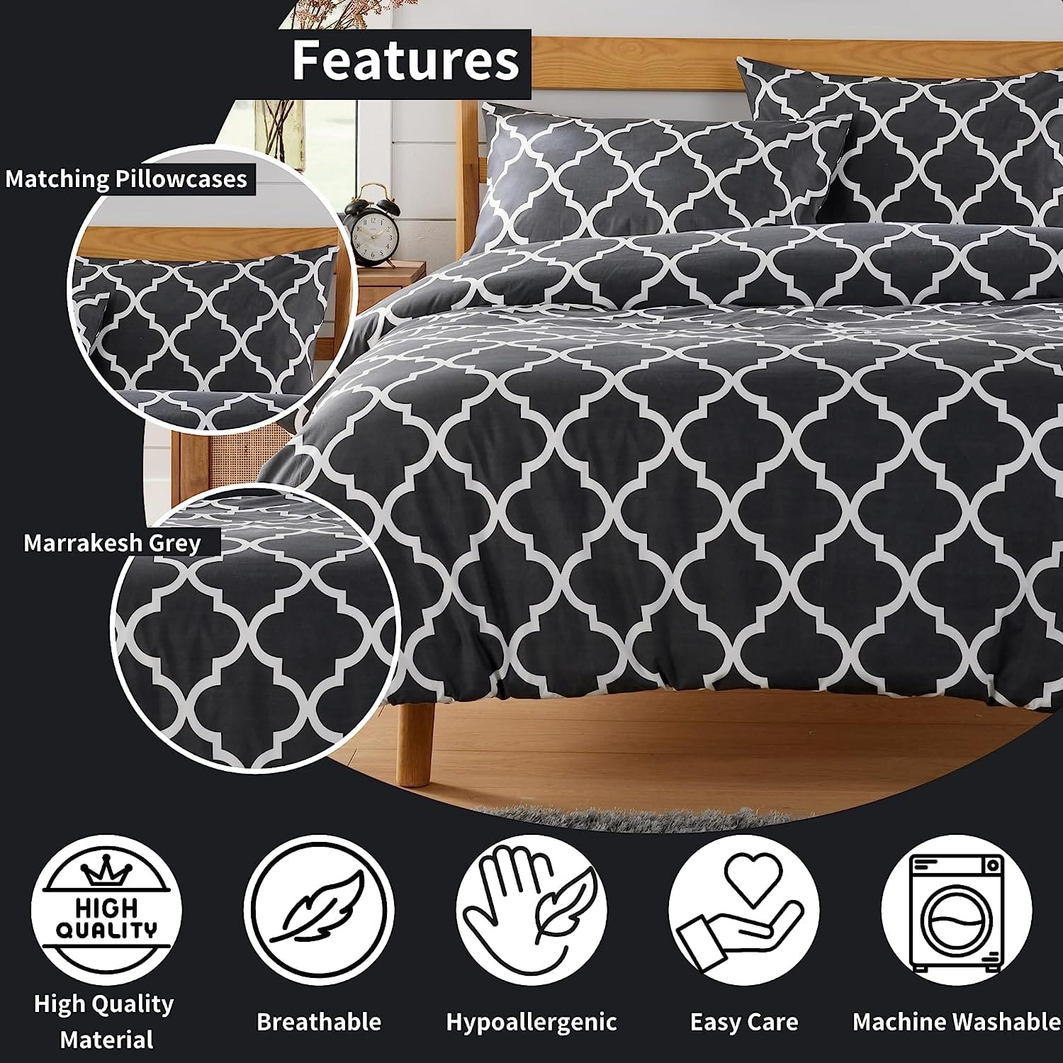 Olivia Rocco Marrakesh Grey Printed Duvet Cover Set with Pillowcases