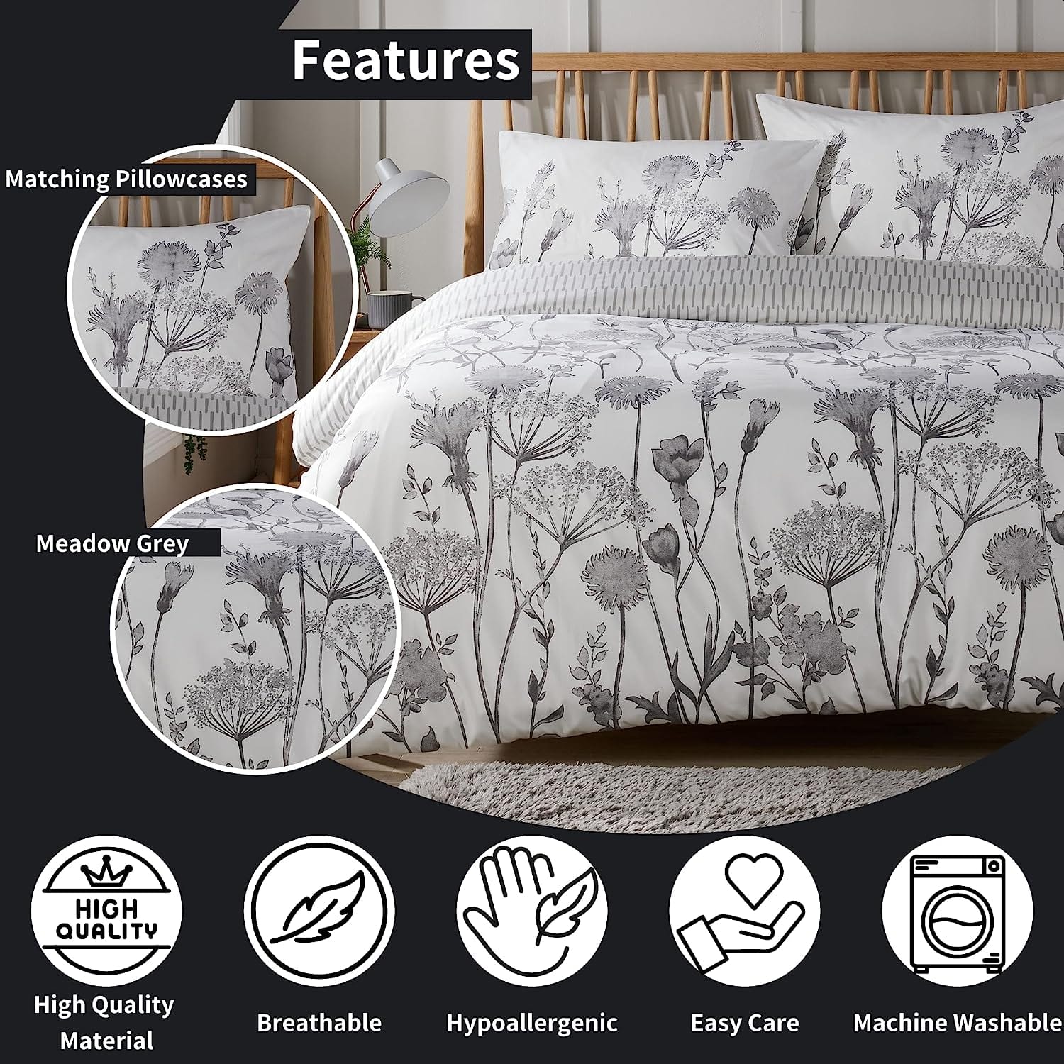 Olivia Rocco Meadow Grey Reversible Duvet Cover Set, Microfibre