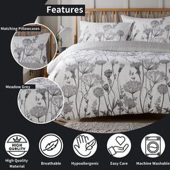 Olivia Rocco Meadow Grey Reversible Duvet Cover Set, Microfibre