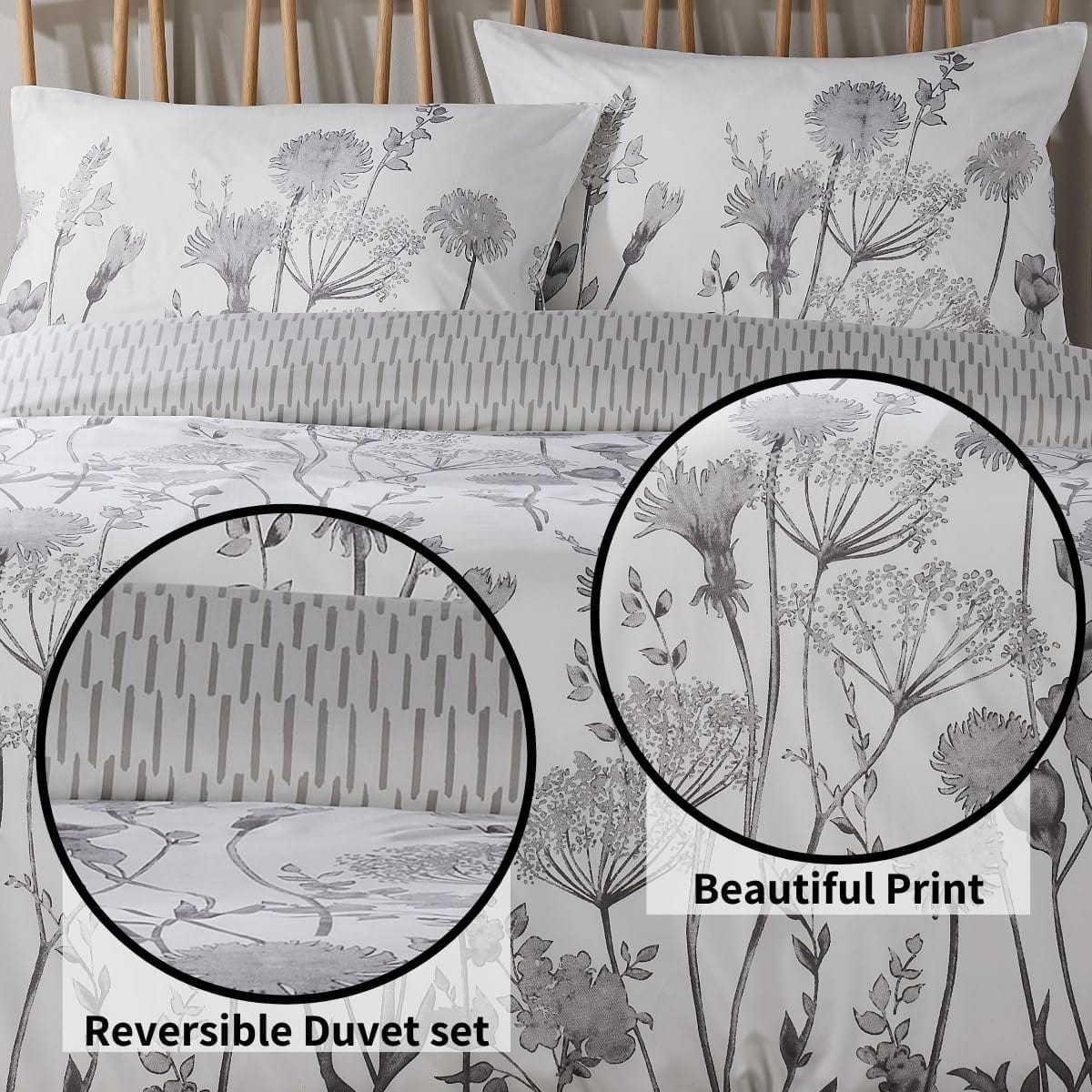 Olivia Rocco Meadow Grey Reversible Duvet Cover Set, Microfibre