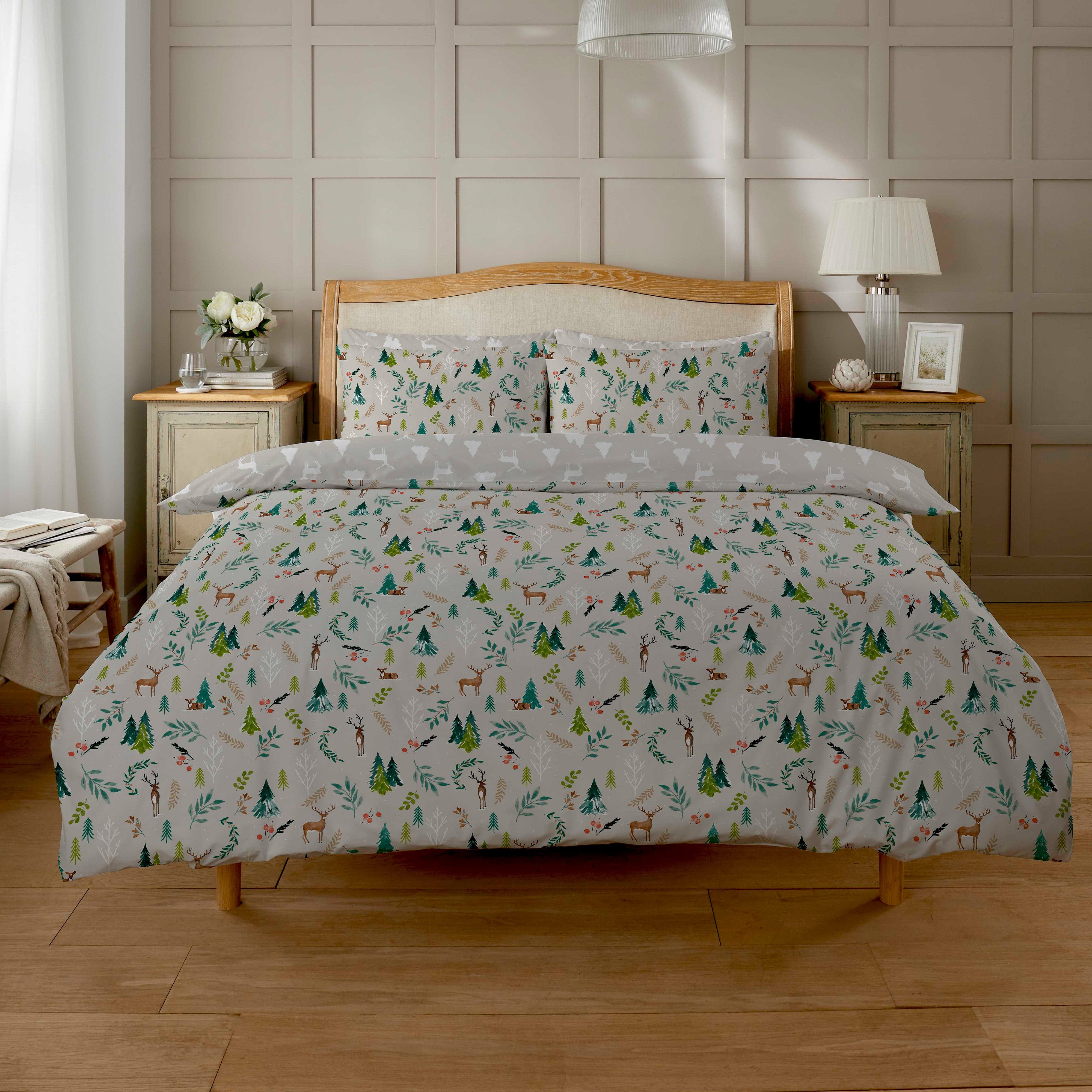 Olivia Rocco Snowy Reindeers Reversible Duvet Cover Set, Polycotton