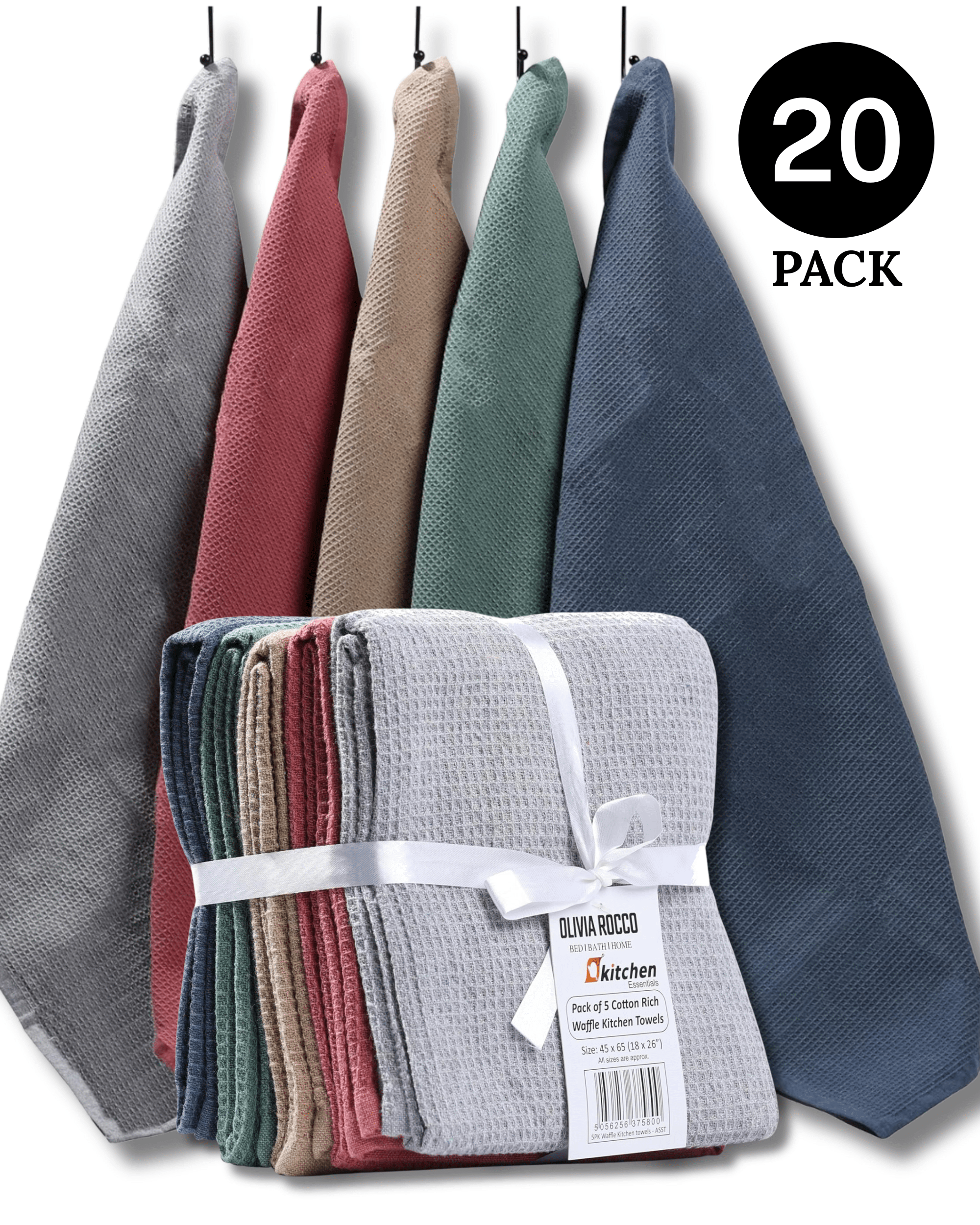 Olivia Rocco Waffle Tea Towels, Pack of 20, 100% Cotton, 45 x 65 cm