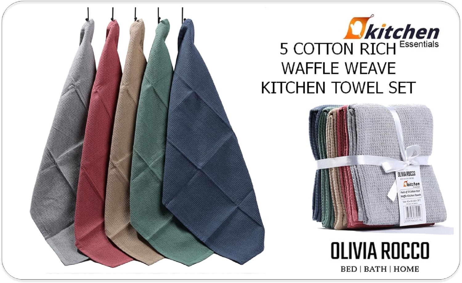 Olivia Rocco Waffle Cotton Tea Towels, Pack of 5, Assorted Colours