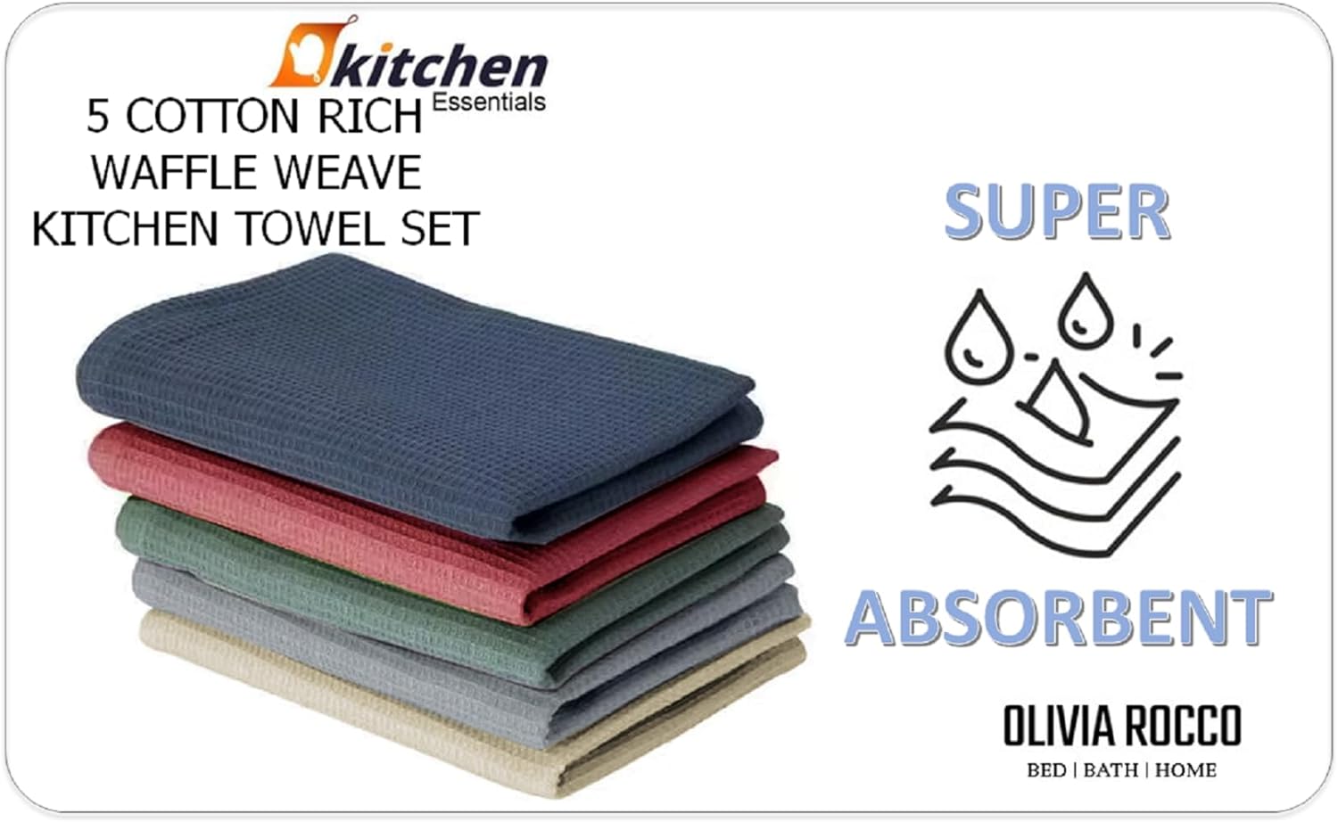 Olivia Rocco Waffle Cotton Tea Towels, Pack of 5, Assorted Colours