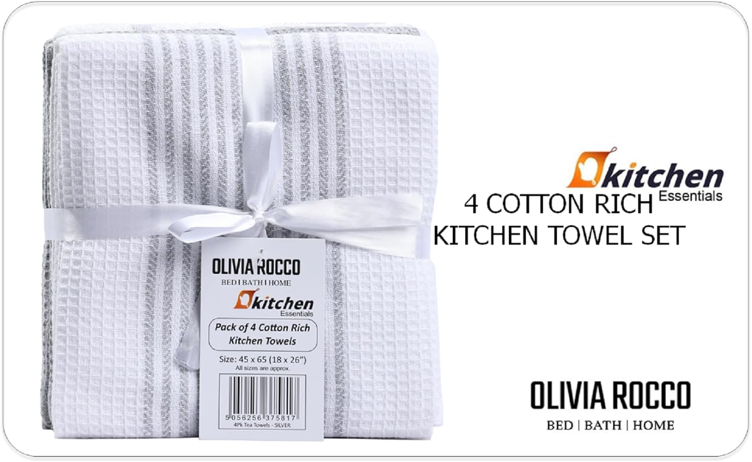 Olivia Rocco Cotton Tea Towels, Pack of 4, 65 x 45 cm, Green or Silver