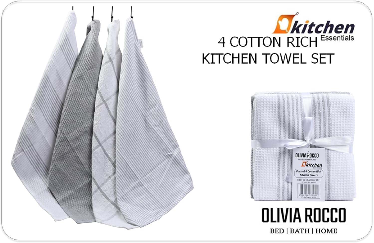 Olivia Rocco Cotton Tea Towels, Pack of 4, 65 x 45 cm, Green or Silver
