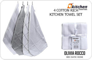 Olivia Rocco Cotton Tea Towels, Pack of 4, 65 x 45 cm, Green or Silver