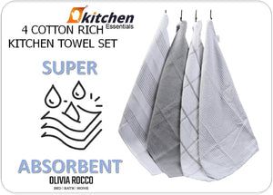 Olivia Rocco Cotton Tea Towels, Pack of 4, 65 x 45 cm, Green or Silver