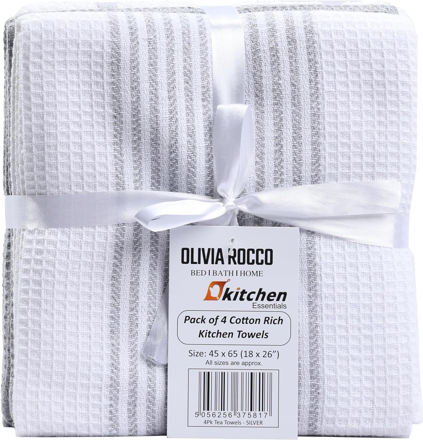 Olivia Rocco Cotton Tea Towels, Pack of 4, 65 x 45 cm, Green or Silver