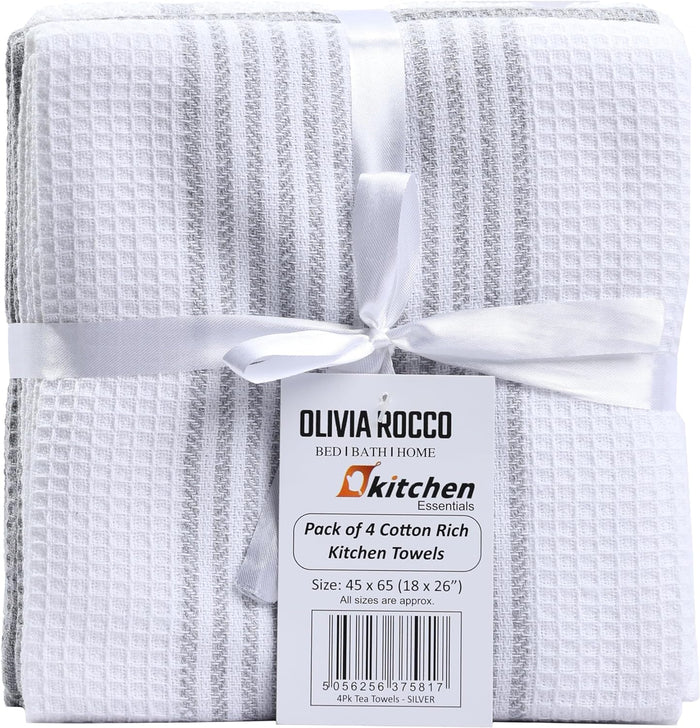Olivia Rocco Cotton Tea Towels, Pack of 4, 65 x 45 cm, Green or Silver, image 2