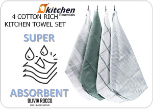 Olivia Rocco Cotton Tea Towels, Pack of 4, 65 x 45 cm, Green or Silver