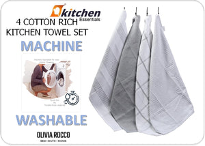 Olivia Rocco Cotton Tea Towels, Pack of 4, 65 x 45 cm, Green or Silver