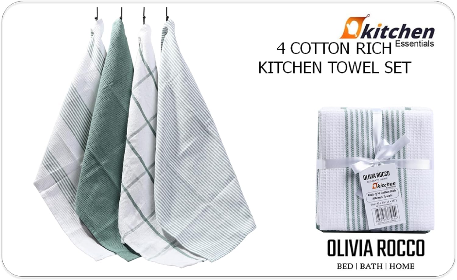 Olivia Rocco Cotton Tea Towels, Pack of 4, 65 x 45 cm, Green or Silver