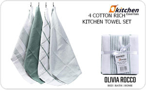 Olivia Rocco Cotton Tea Towels, Pack of 4, 65 x 45 cm, Green or Silver