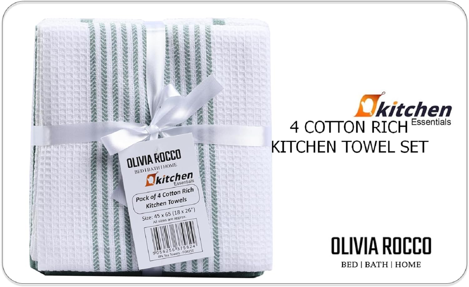 Olivia Rocco Cotton Tea Towels, Pack of 4, 65 x 45 cm, Green or Silver