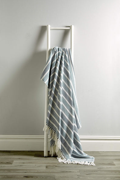 Olivia Rocco Striped Handwoven Cotton Throw Blanket with Tassels, Teal