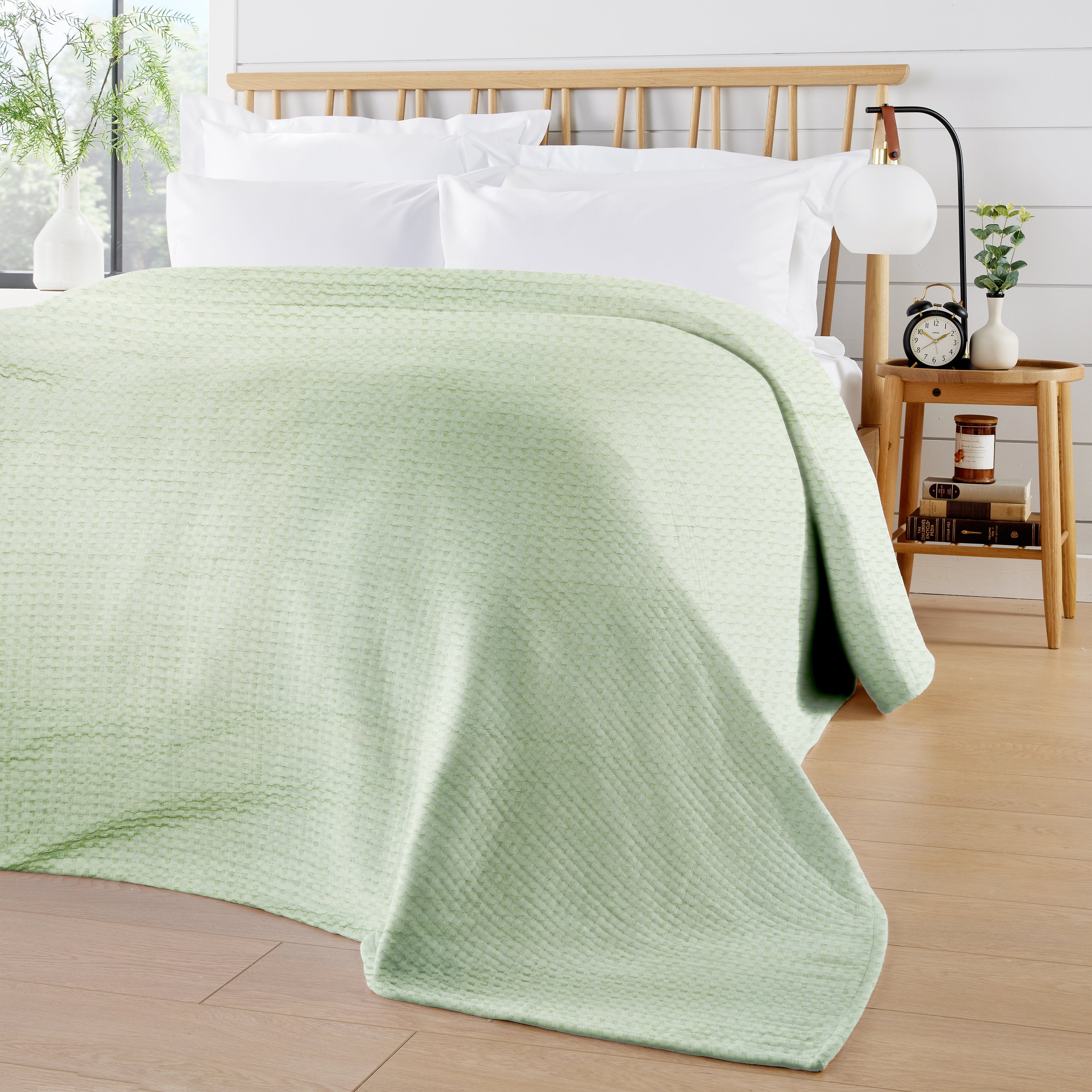 Olivia Rocco Florian Checked Cotton Throw, Sage Green, 180 x 250 cm