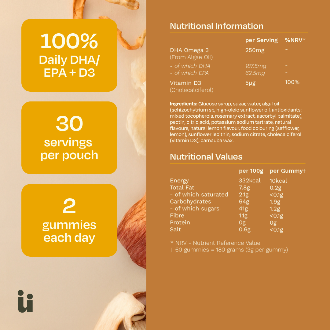 Omega-3 Gummies – Algae DHA with Vitamin D3, Vegan, No Fishy Aftertaste
