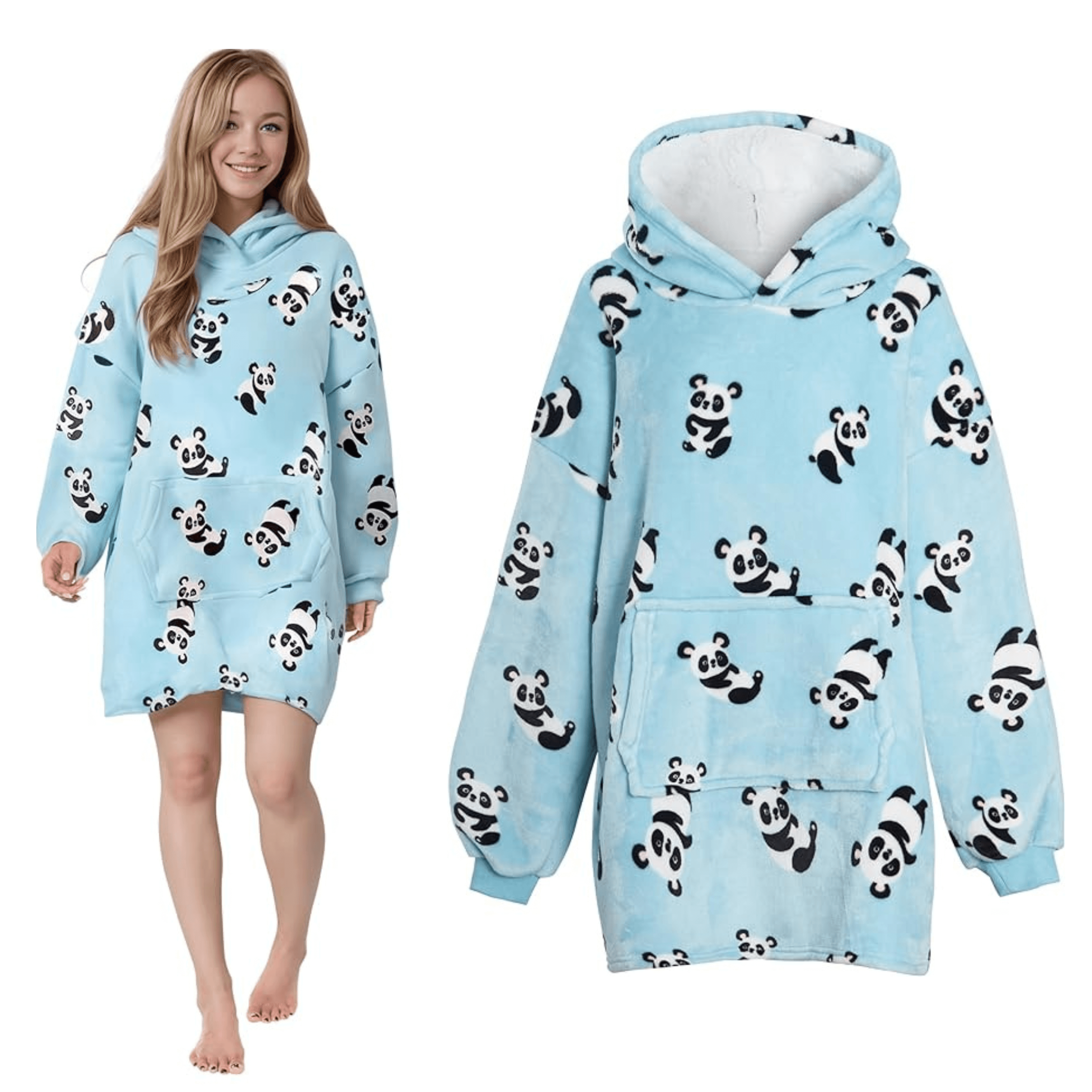 Oversized Panda Hooded Plush Fleece Blanket With Sherpa Lining