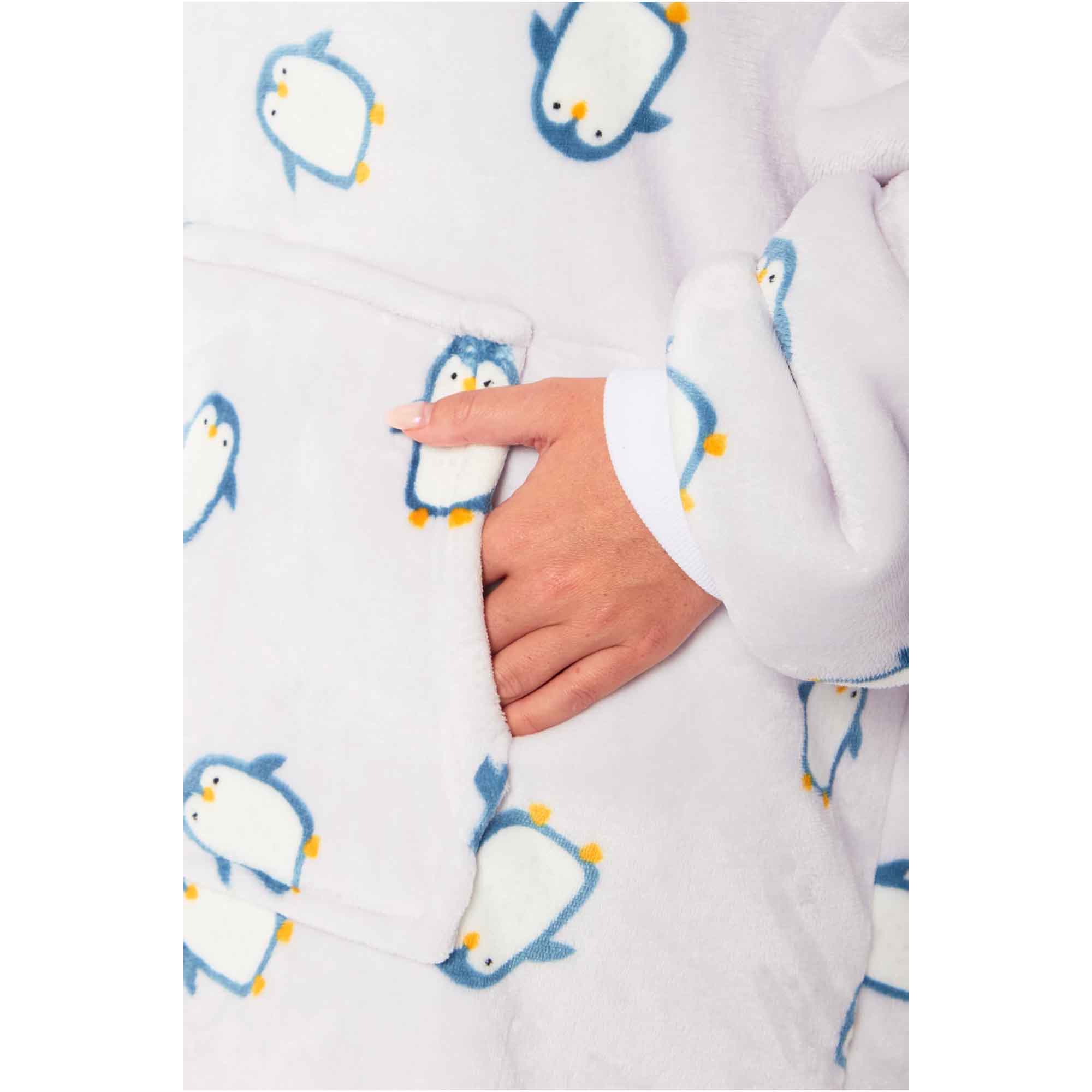 Penguin Hooded Blanket Oversized Sherpa Fur Lining Ultra Soft Plush Flannel