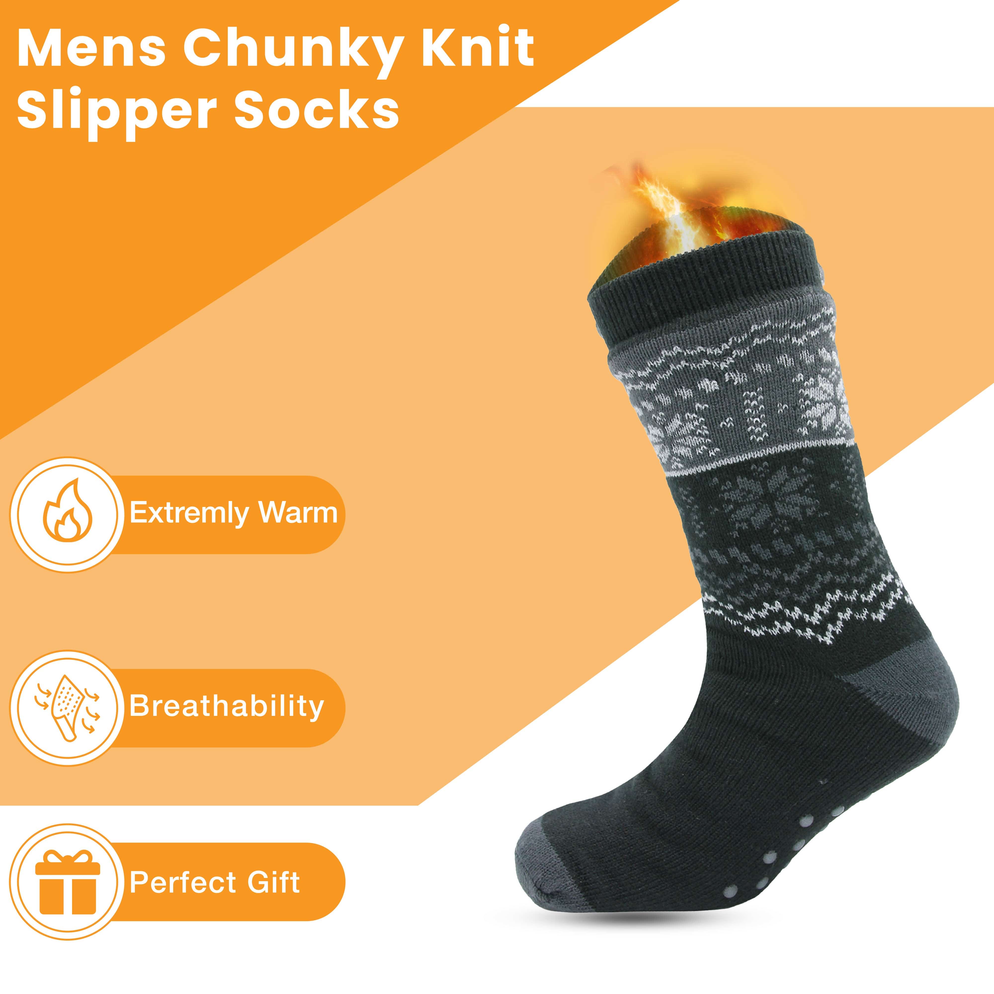 Men's Chunky Knit Slipper Socks With Grips Pack Of 2 Thick Warm Non Slip