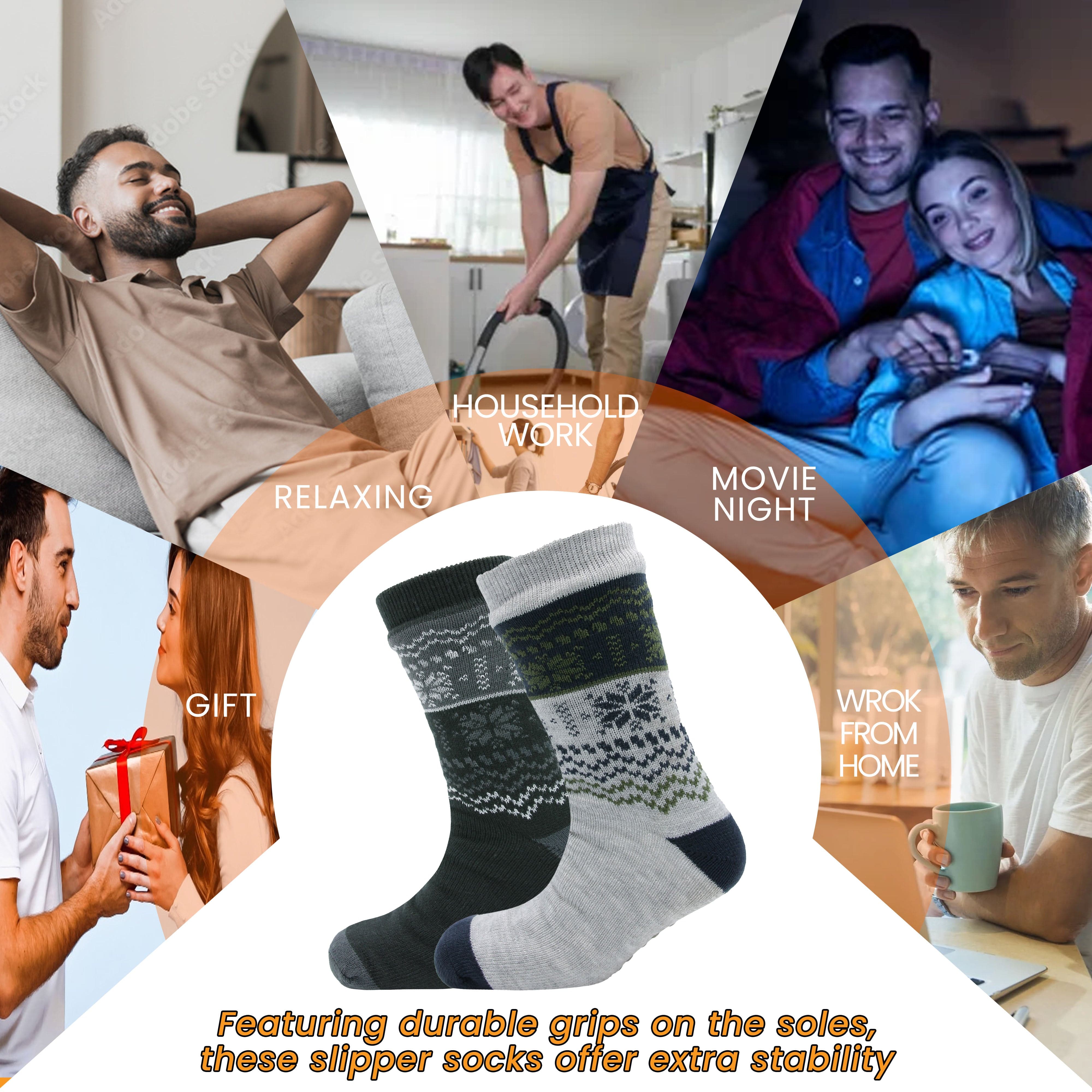 Men's Chunky Knit Slipper Socks With Grips Pack Of 2 Thick Warm Non Slip