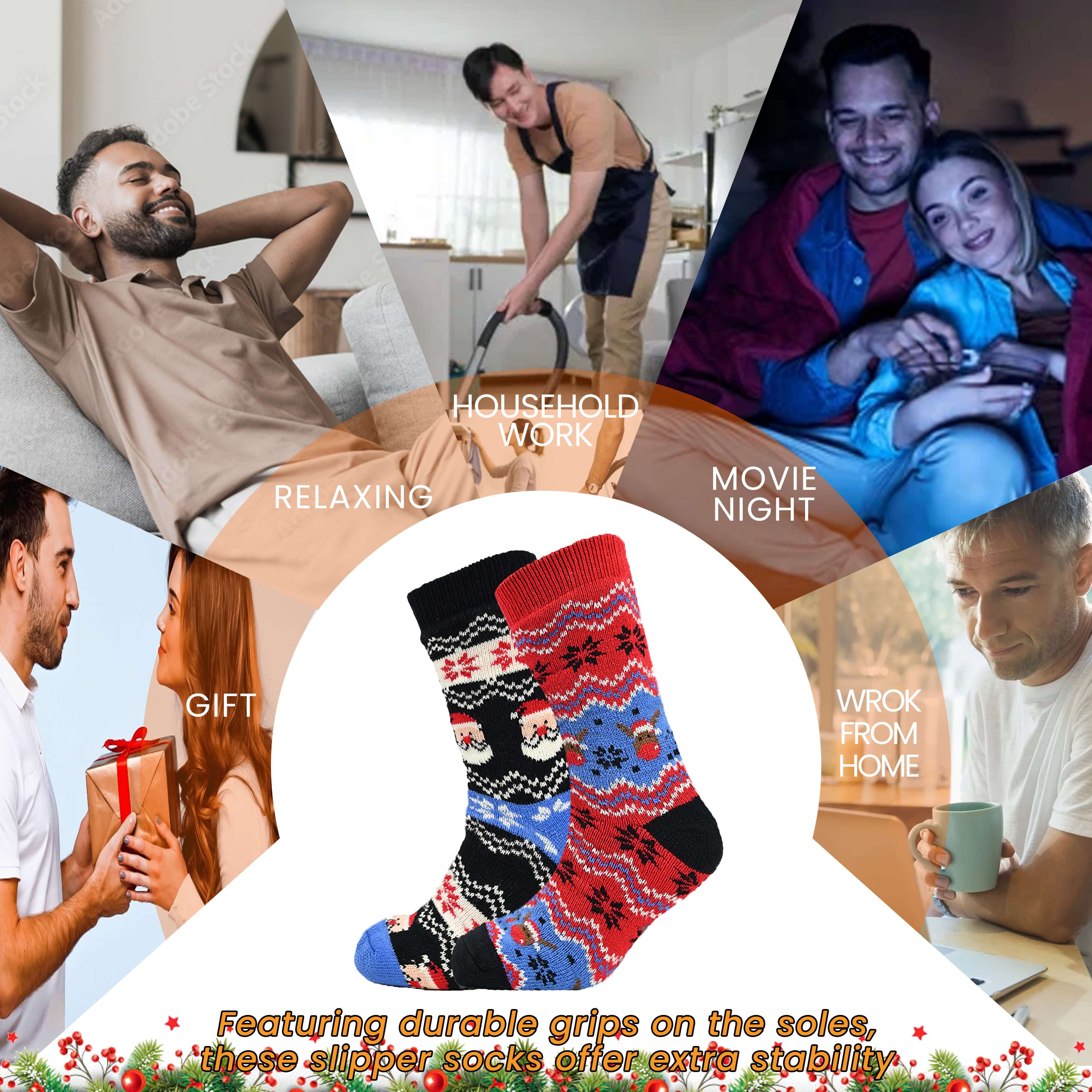 Pack Of 2 Men's Festive Chunky Knit Slipper Socks With Grips Non Slip Sole