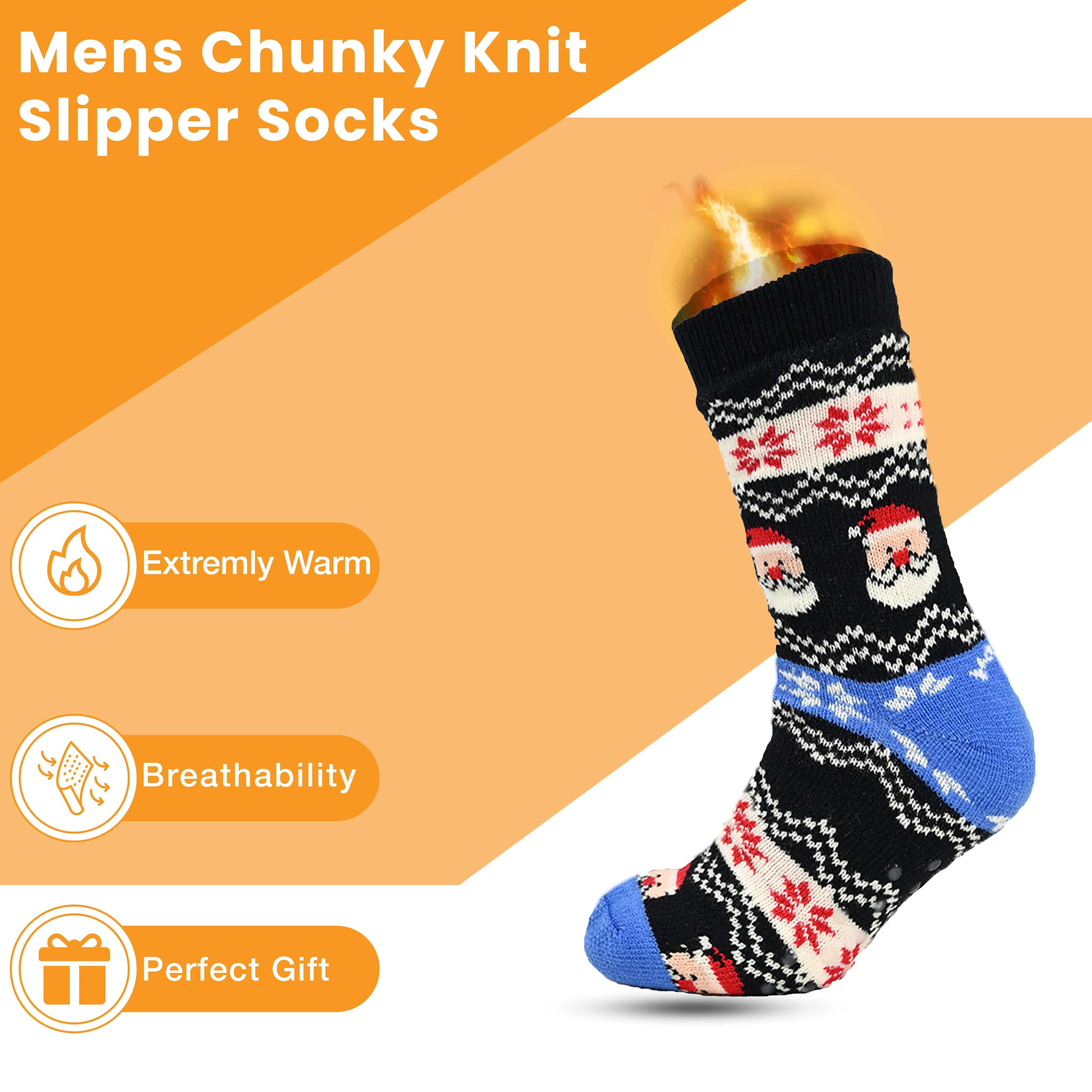 Pack Of 2 Men's Festive Chunky Knit Slipper Socks With Grips Non Slip Sole