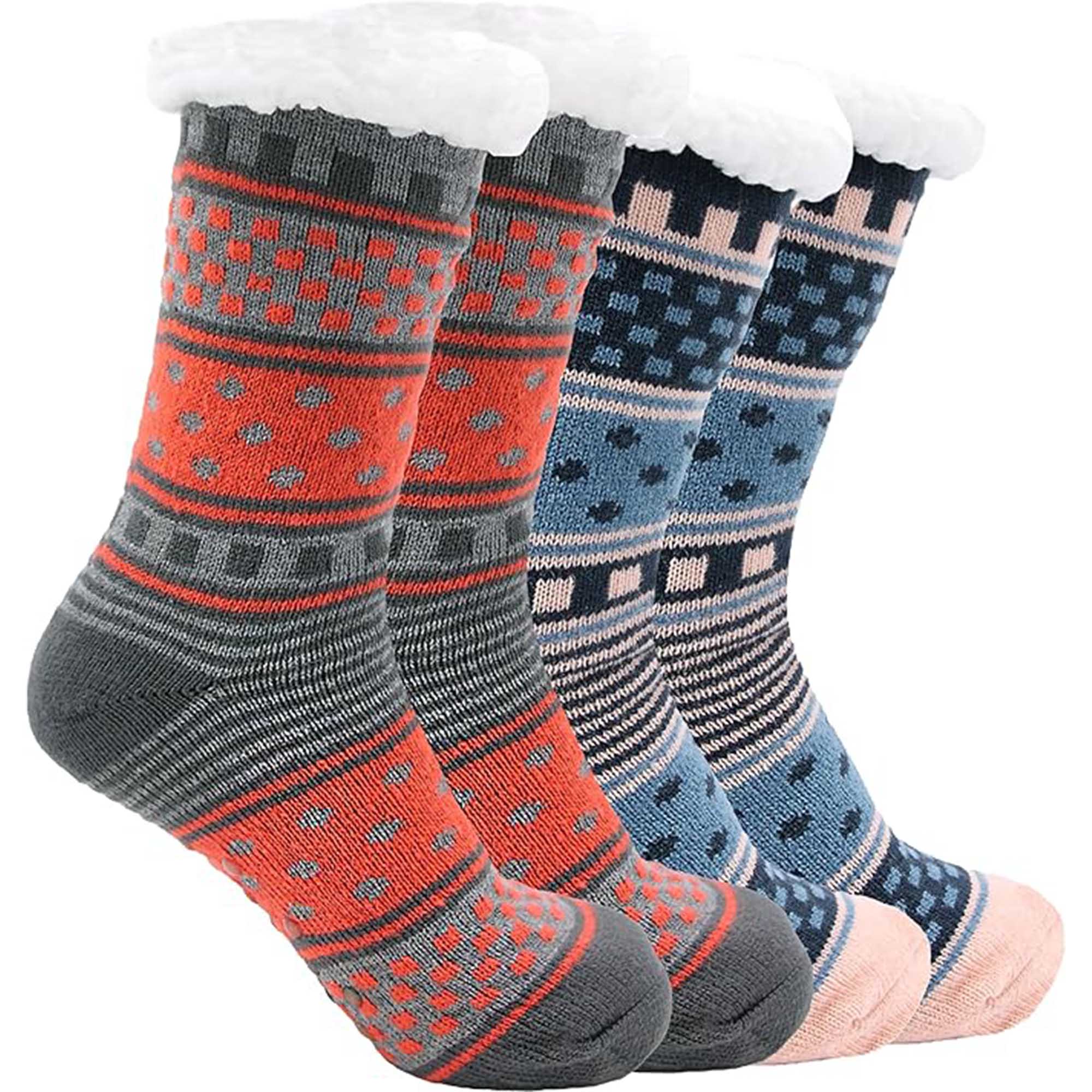 Women's Fur Lined Chunky Slipper Socks Pack Of 2 Non Slip Knitted Lounge Socks
