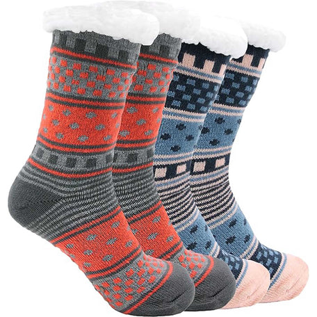 Women's Fur Lined Chunky Slipper Socks Pack Of 2 Non Slip Knitted Lounge Socks