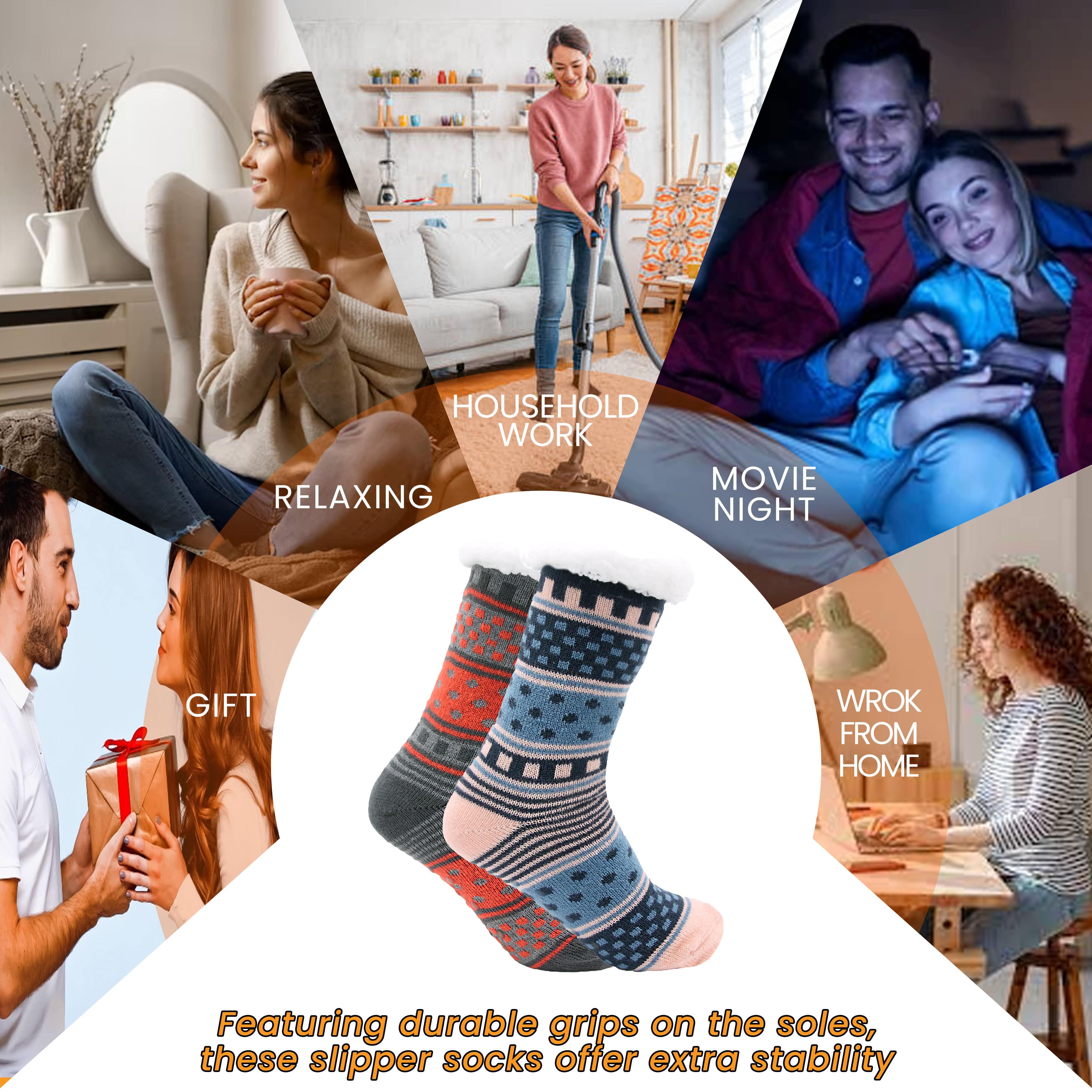 Women's Fur Lined Chunky Slipper Socks Pack Of 2 Non Slip Knitted Lounge Socks