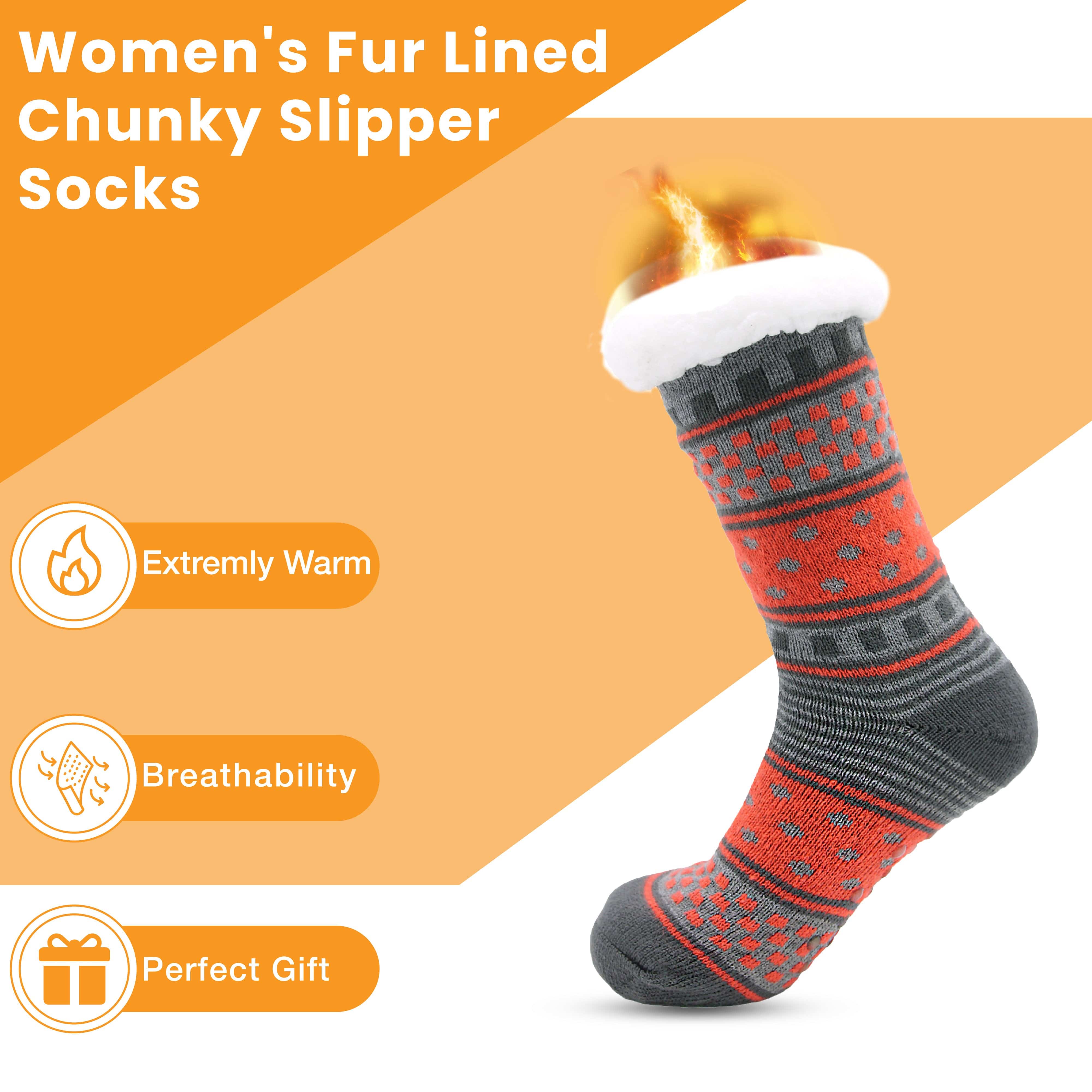 Women's Fur Lined Chunky Slipper Socks Pack Of 2 Non Slip Knitted Lounge Socks