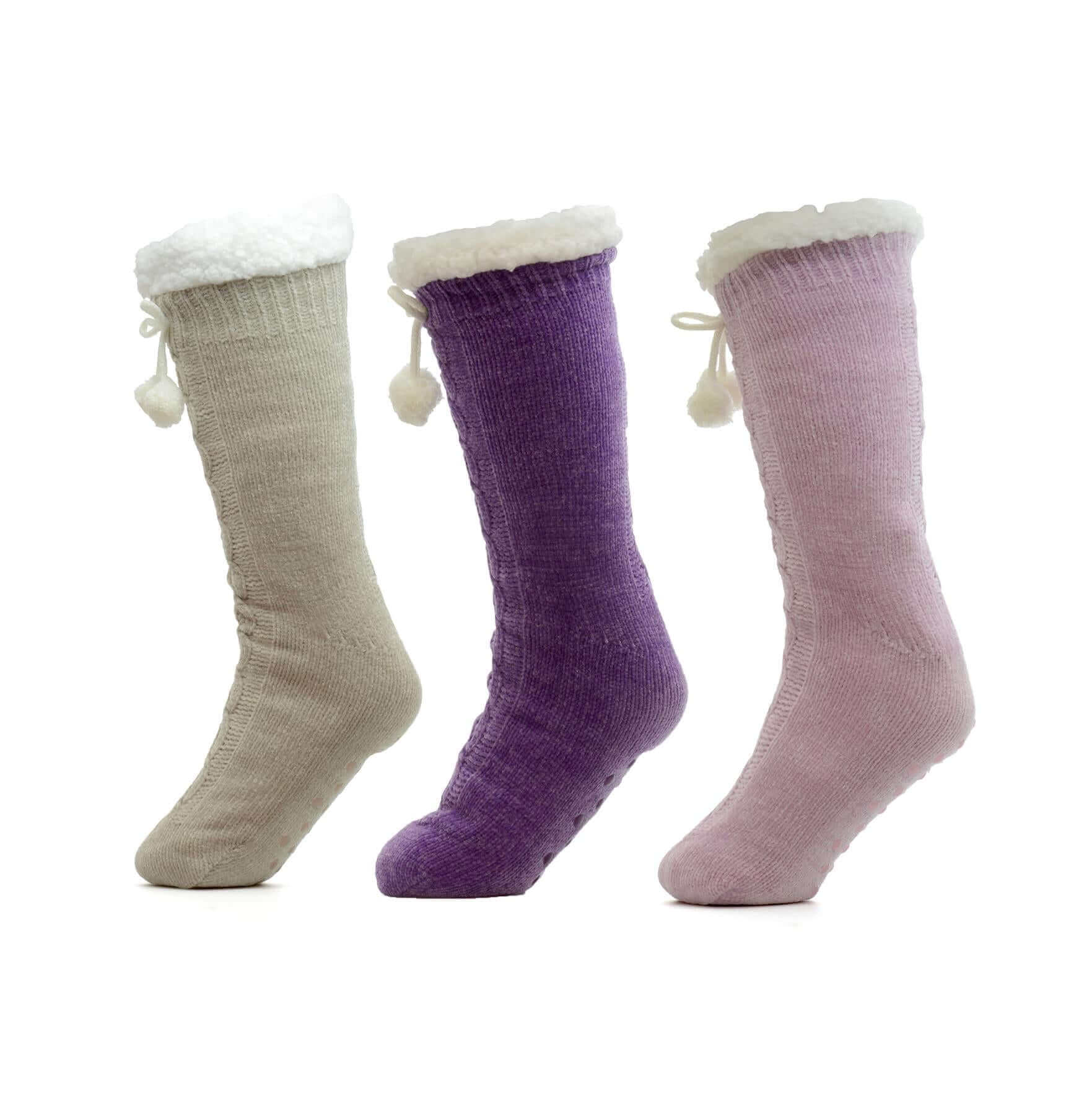 Women's Slipper Socks Pack Of 3 Chunky Knit Fur-Lined Non-Slip Grips