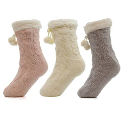 Women's Slipper Socks Pack Of 3 Chunky Knit Fur-Lined Non-Slip Grips