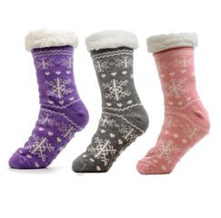 Women's Slipper Socks Pack Of 3 Chunky Knit Fur-Lined Non-Slip Grips