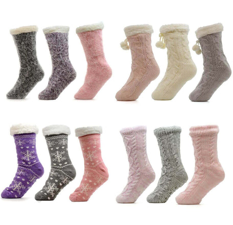 Women's Slipper Socks Pack Of 3 Chunky Knit Fur-Lined Non-Slip Grips