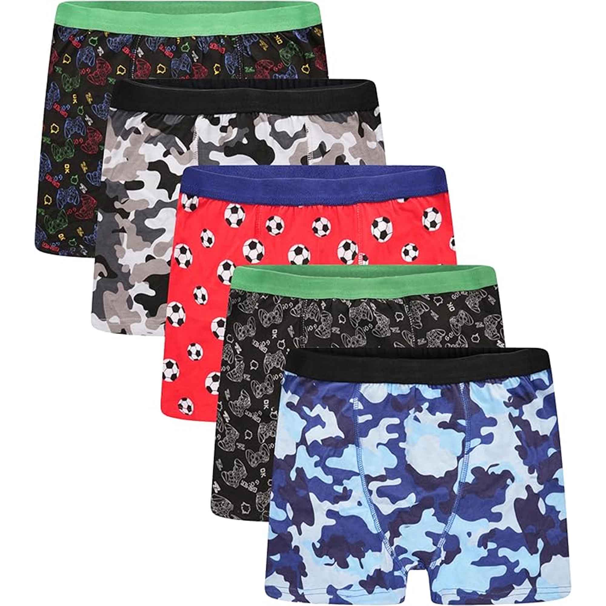Pack Of 5 Boys' Boxer Shorts Cotton Rich Football Army Gamer Designs Elastic