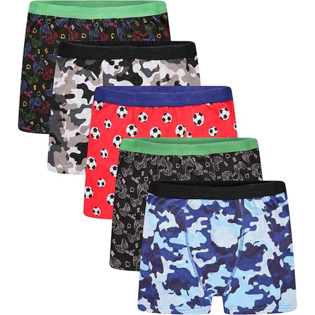 Pack Of 5 Boys' Boxer Shorts Cotton Rich Football Army Gamer Designs Elastic