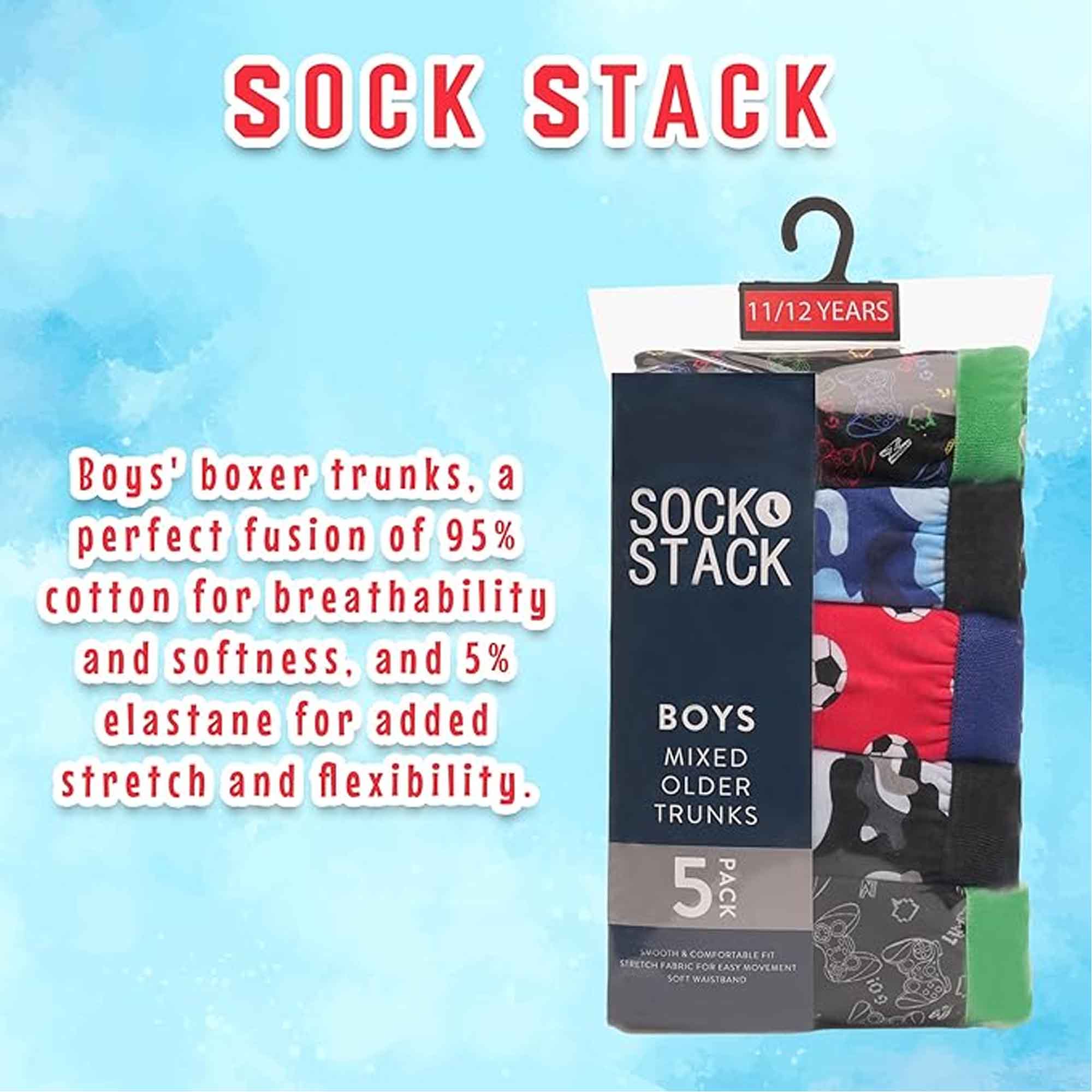 Pack Of 5 Boys' Boxer Shorts Cotton Rich Football Army Gamer Designs Elastic