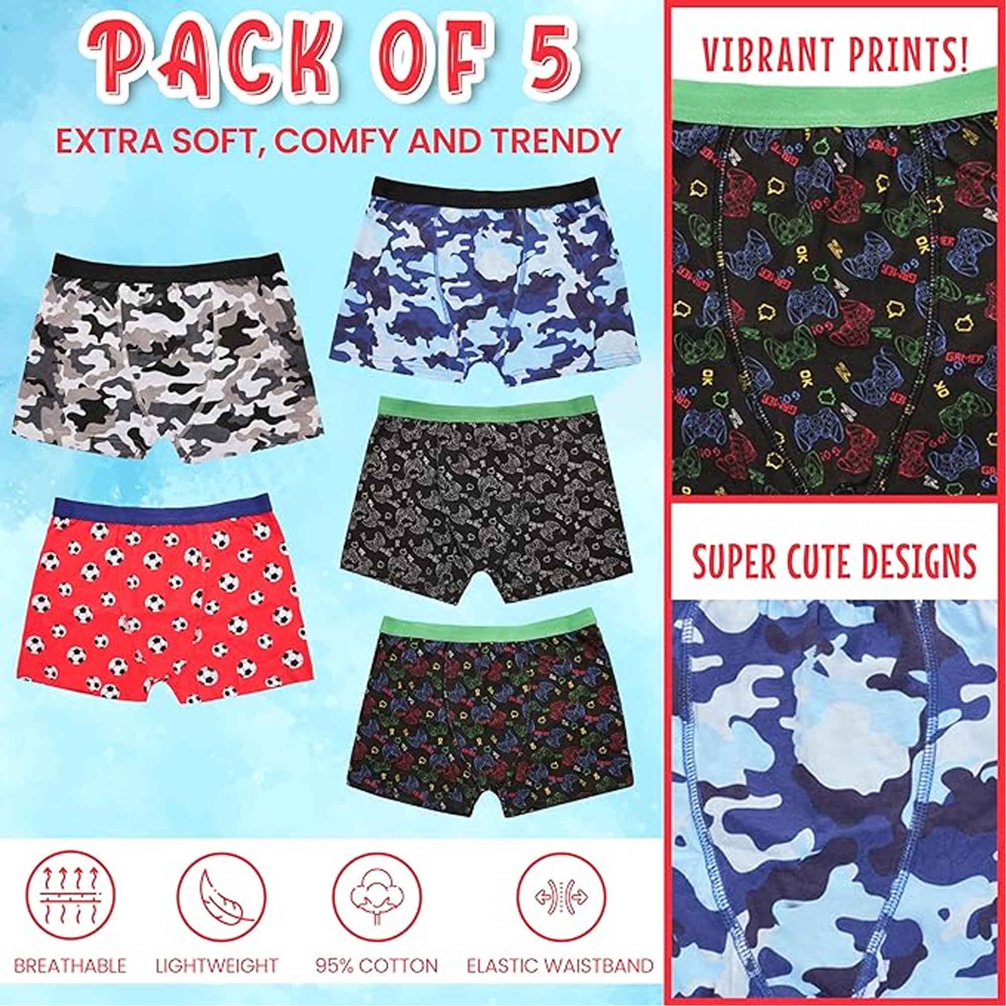 Pack Of 5 Boys' Boxer Shorts Cotton Rich Football Army Gamer Designs Elastic