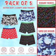 Pack Of 5 Boys' Boxer Shorts Cotton Rich Football Army Gamer Designs Elastic