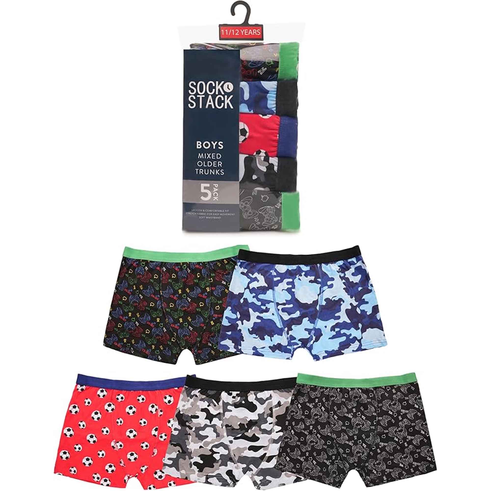 Pack Of 5 Boys' Boxer Shorts Cotton Rich Football Army Gamer Designs Elastic