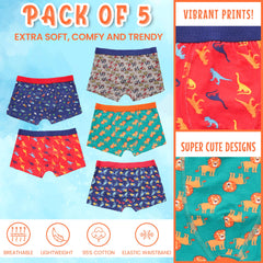Pack Of 5 Boys' Boxer Shorts For Kids' Fun Prints Elastic Waistband