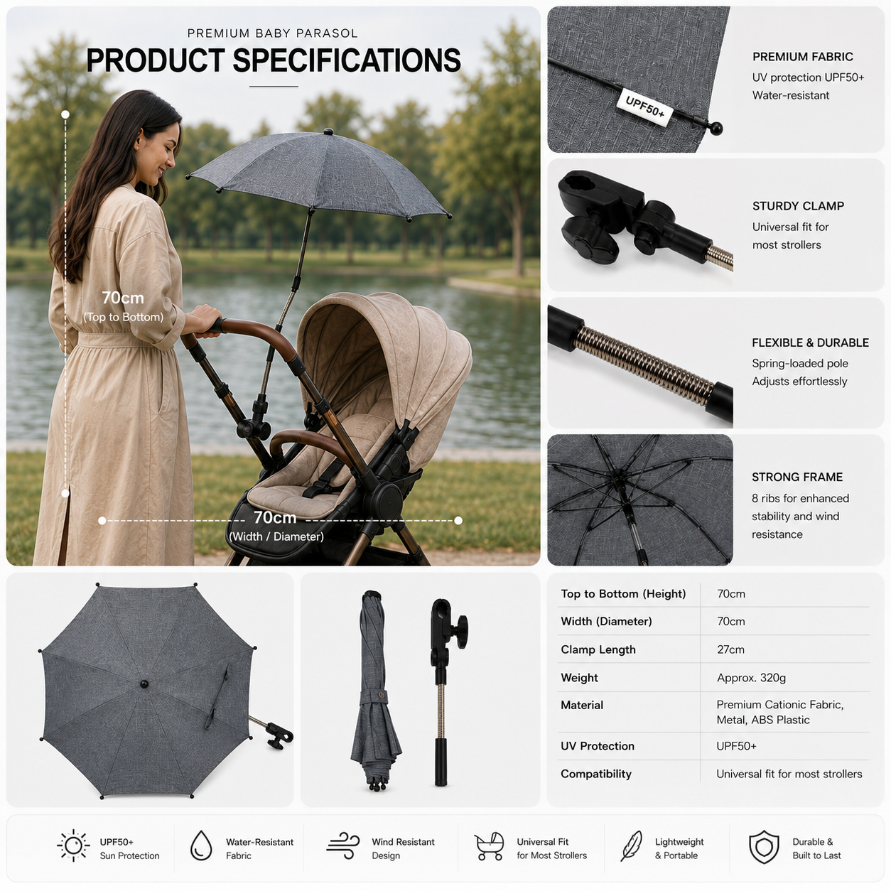 Premium Baby Parasol – Universal Clamp, Fits All Prams & Pushchairs